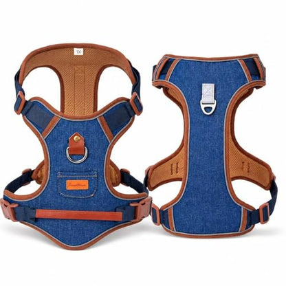 PawWave No Pull Front Clip Dog Harness – Adjustable Padded Denim Vest with Reflective Strips for Small, Medium & Large Dogs (Navy Blue, Medium) - color: Navy Blue, size: M (Chest:17.3-21.3in)