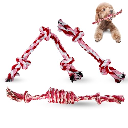 3 Pack Dog Rope Toys Puppy Teething Sturdy Cotton Chew Toy for Small Breed | 2-8 Months Pets Durable Interactive Tug Ropes Teeth Clean Pink Girl Indoor/Outdoor Boredom - size: Small