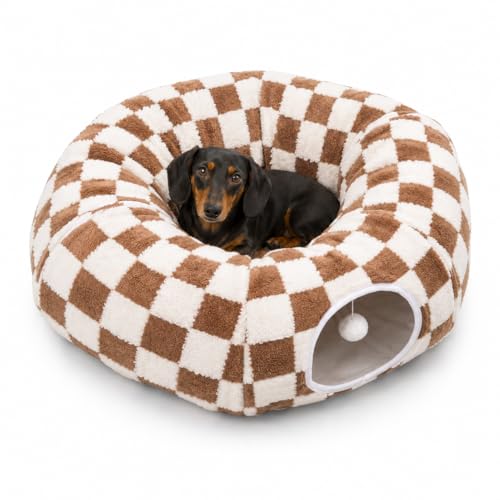 SnugTail Dachshund Tunnel Bed, Brown Checks Design Plush Foldable Dog Cave Bed for Anti-Anxiety, Washable Covered Bed for Miniature Dachshunds, Puppies, Cats, Self-Warming Mat
