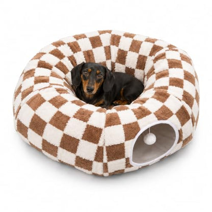 SnugTail Dachshund Tunnel Bed, Brown Checks Design Plush Foldable Dog Cave Bed for Anti-Anxiety, Washable Covered Bed for Miniature Dachshunds, Puppies, Cats, Self-Warming Mat