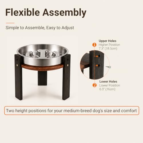 Elevated Slow Feeder Dog Bowl for Medium Dogs, Adjustable Raised Dog Bowl Stand with Stainless Steel Slow Feed Bowl, Reduces Choking & Improves Digestion, Non-Slip Bamboo Stand (Black & Walnut) - color: Black & Walnut