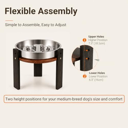 Elevated Slow Feeder Dog Bowl for Medium Dogs, Adjustable Raised Dog Bowl Stand with Stainless Steel Slow Feed Bowl, Reduces Choking & Improves Digestion, Non-Slip Bamboo Stand (Black & Walnut) - color: Black & Walnut