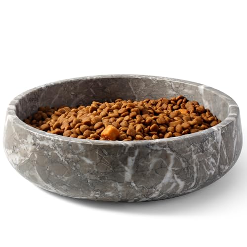 Karibiber Marble Dog Bowl, 6lbs Weighted Dog Food Bowl, Non-Slip Large Heavy Water Bowls, Grey Stone Food and Water Dish for Medium Dogs, Natural Marble, Easy to Clean, Holds 6 Cups - color: Deep Grey, size: L