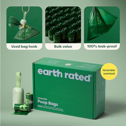 Earth Rated Dog Poop Bag Holder, Durable and Guaranteed Leakproof, Lavender Scented, 1 Dispenser and 900 Bags - size: 1 Dispenser, 900 Bags, style: Lavender