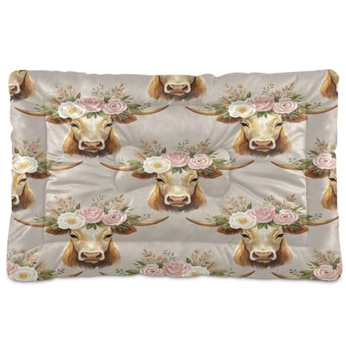 Floral Cow Pattern Pet Bed Mat for Dogs and Cats, Soft Washable Crate Pad with Non-Slip Bottom, Cozy Bed Cushion for Small Medium Large Pets, 24x36 Inch - size: Medium