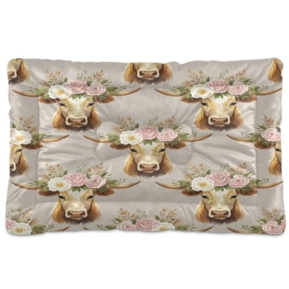 Floral Cow Pattern Pet Bed Mat for Dogs and Cats, Soft Washable Crate Pad with Non-Slip Bottom, Cozy Bed Cushion for Small Medium Large Pets, 18x24 Inch - size: Small