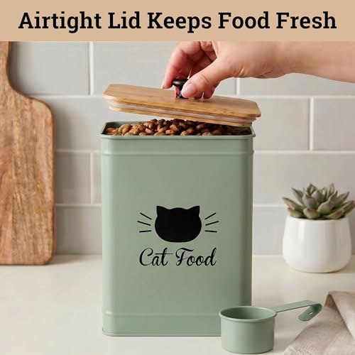 Cat Food Storage Container with Scoop - 5-7lb (25 Cup) Capacity Metal Cat Kibble Canister with Airtight Bamboo Lid and Metal Scoop - Airtight Pet Food Storage Containers 5 lb - 7 lb Kibble Container - color: Sage Green
