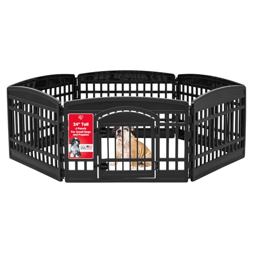 IRIS USA Dog Playpen with Door, 24” 6 Panel Pet Exercise Pen – Indoor Outdoor Puppy Play Pen, Portable Plastic Pet Fence for Small Medium Dogs, Foldable 61” x 61” x 24”, Black - color: Black, size: 6 Panel - 24" H