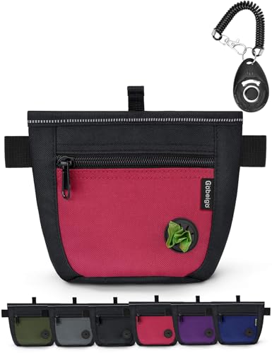 Gobeigo Dog Treat Pouch and Training Clicker, Upgrade Two Magnetic Closure to Prevent Spills, 2 Cup Treat Bag with Poop Bag Dispenser, Metal Clip Waist Belt Fanny Pack for Pet Walk (Black/Red) - color: G-Black/Red