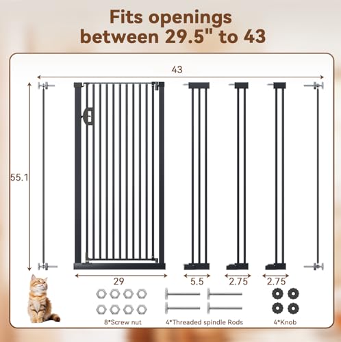 Fldofaves 57" Extra Cat Gate, Fits 29.5"-43" Wide Openings, Pressure Mounted Auto Close Tall Dog Gate with Ultra Narrow Bar Spacing, No Drill Dog Gate for Doorways, Stairs, Hallways - color: Black