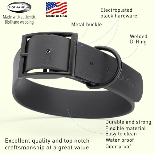 Dogline Biothane Waterproof Dog Collar Strong Coated Nylon Webbing with Black Hardware Odor- Proof for Easy Care Easy to Clean High Performance Fits Small Medium or Large Dogs, Black