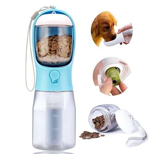Dog Water Bottle with Food Container, Portable Pet Dog Water Dispenser for Outdoor Walking,Hiking,Travel,Puppy Essentials,Puppy Supplies,Replaceable Waste Bags - color: turquoise blue, size: 15oz
