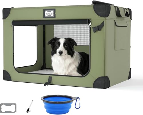 36 Collapsible Dog Crate, Soft Foldable Pet Kennel with 3-Door Mesh Windows, Soft Warm Blanket and Foldable Bowl, Indoor & Outdoor Portable Travel Crate, Green - color: Green, size: 36.0"L x 25.0"W x 25.0"H