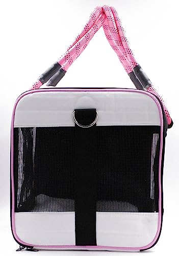 Buddy's Best Airline Approved Pet Carrier – White & Pink Heavy Duty, Fits Under Seat, TSA Compliant, Ventilated Mesh Design w/Waterproof Base & Reflective Safety Strips - color: White & Pink