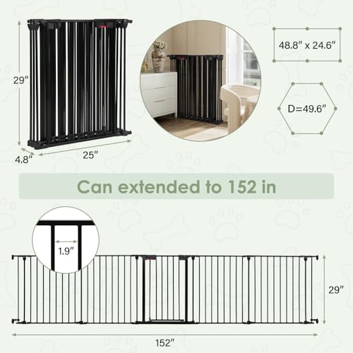 SMONTER Freestanding Dog Gate with Door Walk Through, 152" Extra Wide Foldable Dog Fence, 6 Panels 29" Tall Metal Pet Gate for Stairs, Hallways - size: 6 Panels 152" W x 29" H
