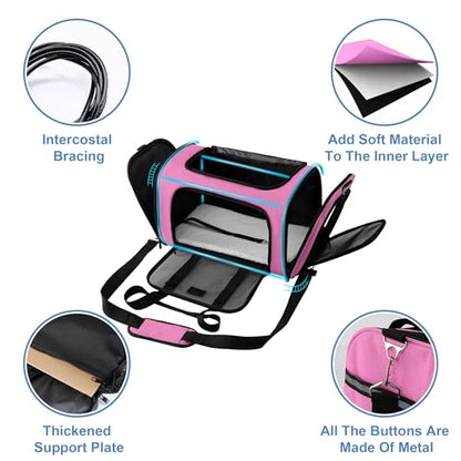Soundy Large Cat Carrier Dog Carrier Under 25 Lbs,Collapsible Ventilated Portable Pet Bag with Soft Sided Breathable Mesh for Long Car Trips Maxi Load 2 Kittens or Small, Medium Dog (Large Pink) - color: Pink