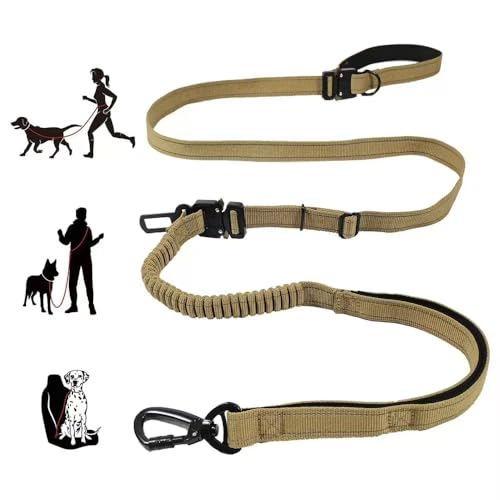 Hands-Free Waist Leash for Dog Walking, Running and Hiking, Adjustable Belt | Shock Absorbing Bungee Leash with Car Seat Belt, Reflective Padded Handles, 6.3FT to 9.7 FT - color: Khaki