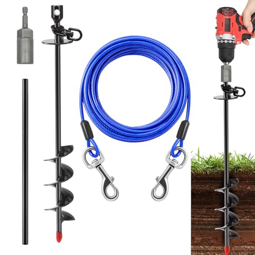 Heavy Duty Dog Tie Out Cable and Stake,30FT Rust Proof Dog Tether Leads for Yard,360°Swivel Spiral Dogs Stake&Chain Up to 200 lbs, Ground Anchor for Outdoor Beach Camping - size: Cable: 30 ft