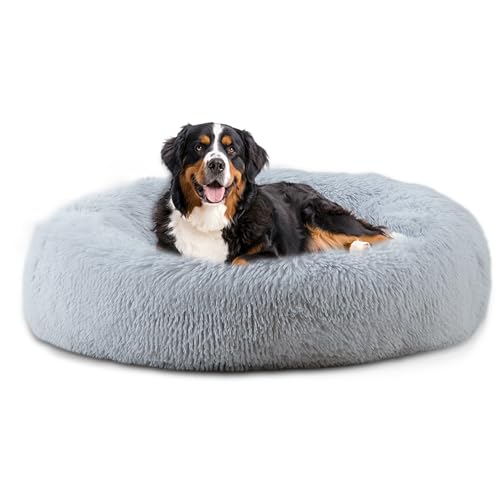 Bunlitent 46'' Donut Dog Bed, Calming Dog Bed for Large Sized Dog, Grey | Plush Anti-Anxiety, Donut Shape, Warming Cozy, Round Cuddler Nest, Soft Cute,Marshmallow Cuddler Nest Pet Bed - color: grey, size: 46"L x 46"W x 8"Th