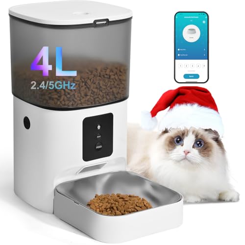 ANDOLL HOME 2.4G/5G Automatic Cat Feeder, 4L WiFi Food Dispenser with 10s Voice Recorder, Pet Feeder up to 10 Meals per Day, Timed Cat Feeder with Dry Food Sealed Ring (Matte White, 4.0 L) - color: Matte White