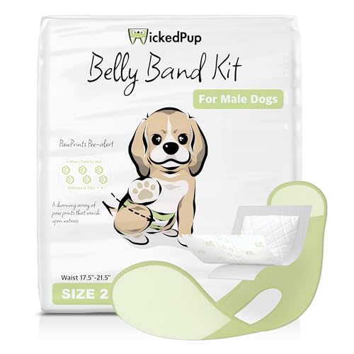 WICKEDPUP Male Dog Belly Band Kit, 50 Diaper Pads & 1 Reusable Male Wrap (Size 2 (17.5"-21.5" Waist)) - size: Size 2 (17.5"-21.5" Waist)
