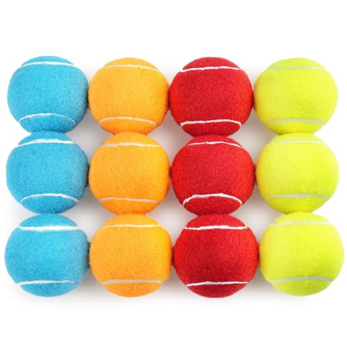 PrimePets Tennis Balls for Dogs, 12 Pack 2.5” Durable Squeaky Dog Balls with High Bounce for Outdoor Play, Interactive Fetch & Training Dog Toys for Small and Medium Breeds - color: 12 Pack, 4 Colors, size: 2.5" Squeaky