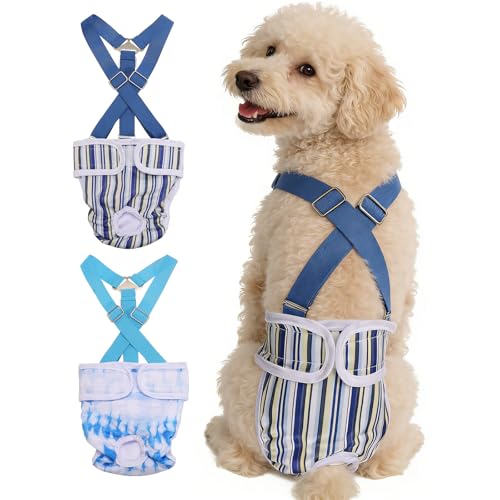Washable Female Dog Diapers with Suspender, Reusable Dog Diapers Absorbent Leakproof(Striped Blue/Tie-Dye Light Blue S, 2Pcs), Intended for Female in Heat Cycle - color: Striped Blue/Tie-Dye Light Blue, size: S