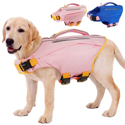 Kuoser Dog Life Jacket, Reflective Swim Vest Adjustable with Rescue Handle | Reflective Stripes, Secure Buckles, Rescue Handle, Adjustable Fit, Pool Lake Beach Boat, Small Medium Large Dogs, Easy Wear - color: Pink, size: XXL (Chest Girth:30.7-38.5'')