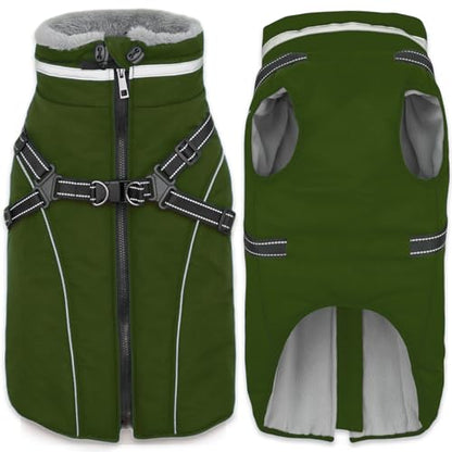 Fragralley Dog Coat with Harness Built in, Waterproof Windproof Reflective Warm Puffer Jacket, Fleece Lined Vest Winter Parka for Small, Medium, Large Dogs - color: Green, size: Small