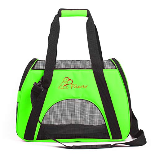 Pawer Soft-Sided Pet Carrier for Cat and Small Dog,Bright Green Color,Medium Size,Washable Cloth Airline Approved Travel Tote,with 2 Mesh Opens and a Strap for Carry,Multiple Colors Available - color: Bright Green