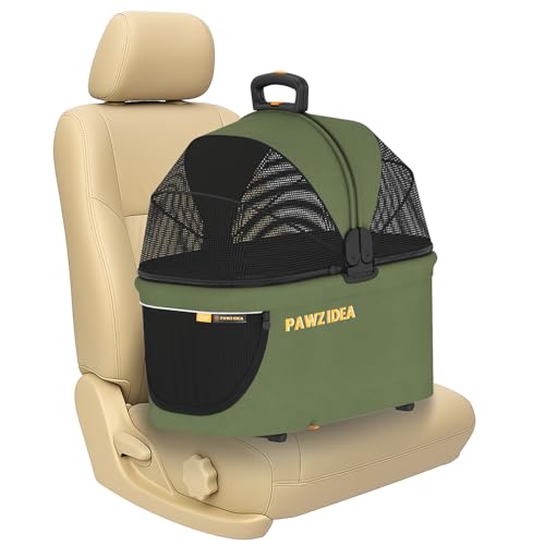 PAWZIDEA Portable Small Dog Crate for Car Travel up 33lbs, Enclosed Dog Car Seat Soft-Sided, Escape-Proof Reversible No-Zip Canopy, Foldable Pet Carrier Seatbelt for Small Medium Puppies & Cats Kennel - color: Forest Green, Small/Medium