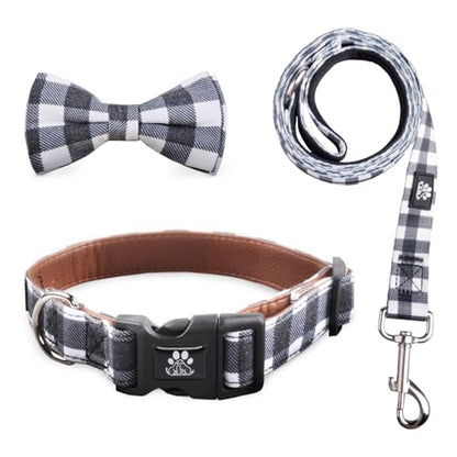 IVY&LANE Dog Collar with Bowtie and Leash Set | Plaid Adjustable Dog Collar | Detachable Bow Tie |5 FT Dog Leash | for Small Medium Large Dogs | Checkered Black | Large - color: Checkered Black, size: L