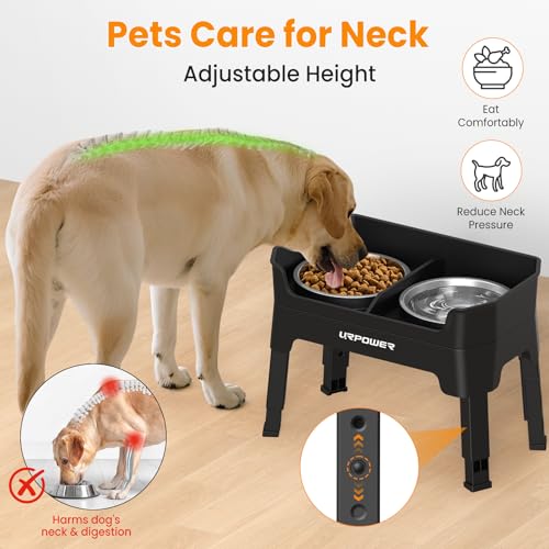 URPOWER 3-in-1 Elevated Dog Bowls - Mess Proof Double Deck 4 Height Adjustable Raised Stand with 2 Stainless Steel Food Bowls & Licking Plate for Small, Medium & Large Dogs - color: Black, size: Large