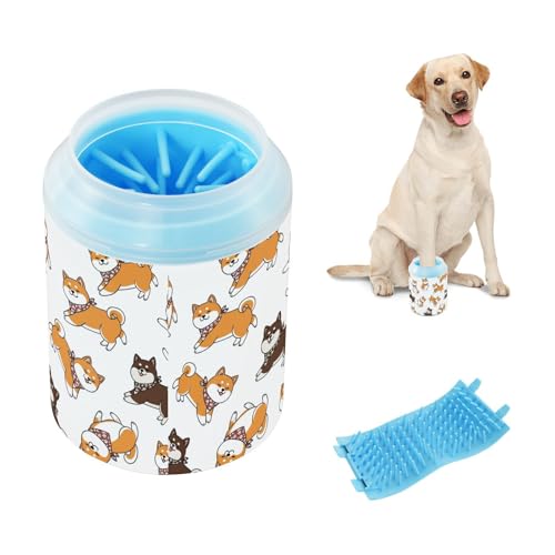 Cute Dogs White Pattern Dog Paw Cleaner Cup with Soft Silicone Brush, Lightweight Small Portable Muddy Paw Washer for Dogs, Easy to Use Pet Foot Cleaner