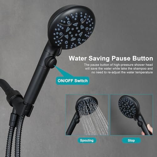 GwernKB Handheld Shower Head with On Off Switch,8-mode High Pressure Shower Wand with Long Hose and Bracket Extra Adhesive Holder for Lower Mount,Built-in Power Wash to Clean Tub,Tile & Pets,Black… - color: Matte Black
