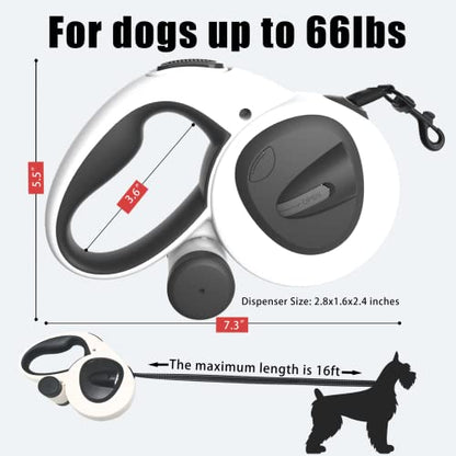 HCY&WLD Upgrade 4-in-1 Retractable Dog Leash with LED Light & Dispenser & Poop Bags, 16 ft Heavy Duty Dog Leash with Anti-Slip Handle for Dogs up to 66 lbs, 360° Tangle-Free, One Button Brake & Lock - size: Medium
