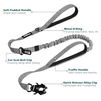 PetBonus Heavy Duty Tactical Dog Leash, 5 FT Bungee Shock Absorption Leash with 2 Padded Handles, Quick Release Metal Clip, Car Seatbelt, No Pull Training Lead for Large Medium Dogs（Grey） - color: Grey