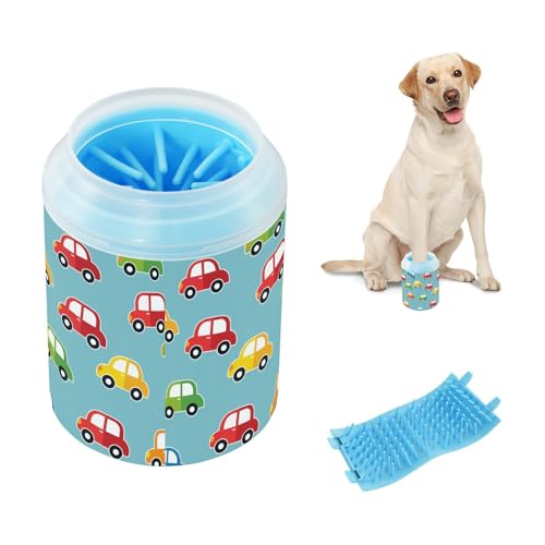 Cars Blue Print Dog Paw Cleaner Cup with Soft Silicone Brush, Lightweight Small Portable Muddy Paw Washer for Dogs, Easy to Use Pet Foot Cleaner