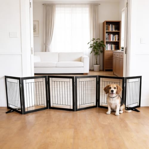 Dog Fence Indoor - 6-Panel Freestanding Dog Gate for Doorways, Hallways, House or Stairs -120x24-Inch Retractable Foldable Expandable Wood Pet by SFJC (Black) - color: Black, size: 【6 Panels】120''w X 24''h