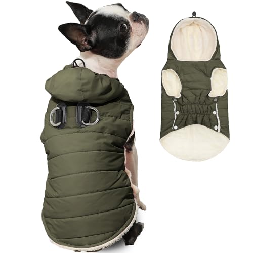 Vecomfy Fleece Lining Dog Hoodie with Harness Built in,Extra Warm Small Dog Jacket in Winter Puppy Coats with Drawstring Hooded,Green XS - color: Green(Harness Built in), size: X-Small (Pack of 1)