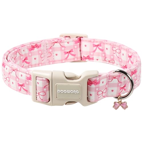 DOGWONG Pink Plaid Dog Collar-Cute Pink Bowtie Print Dog Collar, Adjustable Cotton Girl Female Pet Collar Pink Puppy Collars with Quick Release Buckle,XS - color: A: Pink bow, size: X-Small