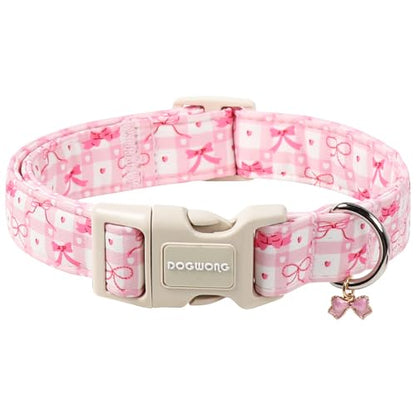DOGWONG Pink Plaid Dog Collar-Cute Pink Bowtie Print Dog Collar, Adjustable Cotton Girl Female Pet Collar Pink Puppy Collars with Quick Release Buckle,XS - color: A: Pink bow, size: X-Small