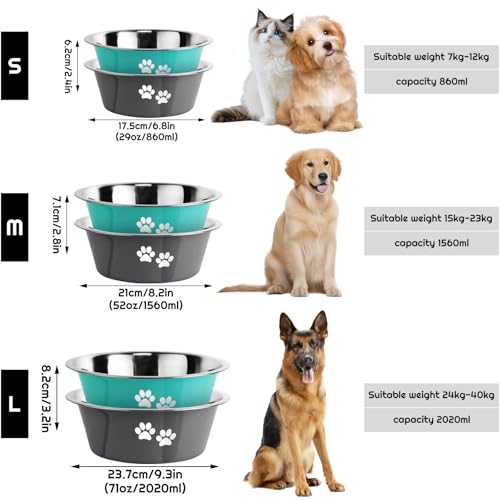 Stainless Steel Dog Bowls 2 Pack Large Extra Large Dogs Feeding Food Water Bowl with Non-Slip Silicone Sole, Dog Dishes Elevated Raised Pet Feeder(Green+Grey, XL(8.5 Cups) - color: Green+Grey, size: XL(8.5 Cups)