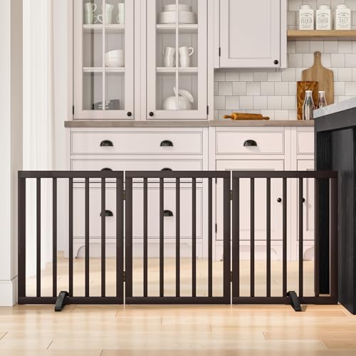 Dog Gates for Doorways Stair House Freestanding Pet Gates for Dogs Wooden Dog Gate with Support Feet Indoor Fence - color: Espresso, size: 3 Panel - 55 inches Wide