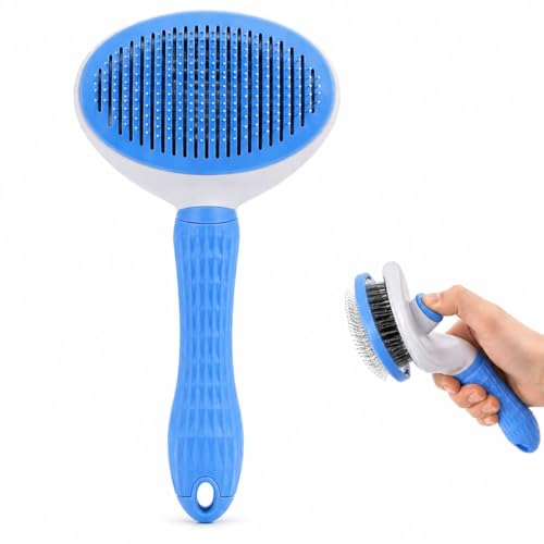 Pet Grooming Deshedding Brush, Self-Cleaning Massaging Brush for Dogs and Cats, Short and Long Hair (Blue) - color: Blue