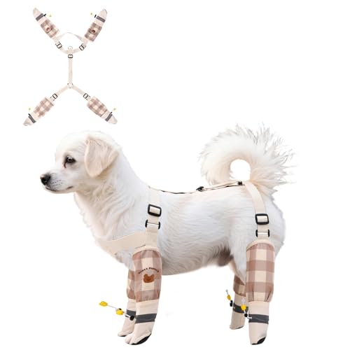Anti Dirt Pants for Small Dogs, Upgraded Adjustable Suspender Non-Slip Dog Shoes Dust-Proof Waterproof Full-Leg Paw Protectors Rain Boots for 8-15lbs Dogs Outdoor Walking & Hiking (Off White)