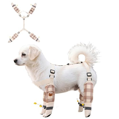 Anti Dirt Pants for Small Dogs, Upgraded Adjustable Suspender Non-Slip Dog Shoes Dust-Proof Waterproof Full-Leg Paw Protectors Rain Boots for 8-15lbs Dogs Outdoor Walking & Hiking (Off White)
