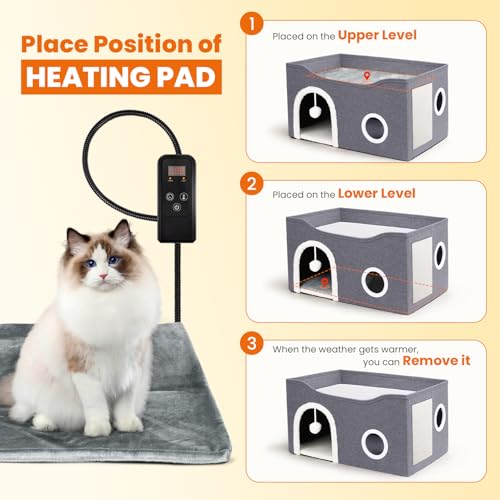 Indoor Heated Cat House, Adjustable Temperature Cat Heating Bed with Timer and Chew Resistant Cord, Large Cat House with Heating Pad for Small Medium and Large Cats - style: With heating pad