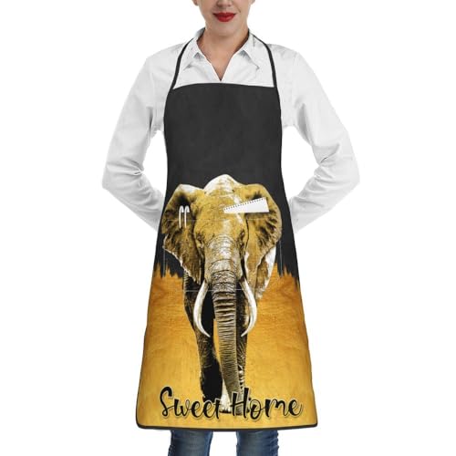 Women Men Bib Aprons Chef Cooking Apron With Pockets For Kitchen Grilling Bbq Painting Gardening - color: Elephant