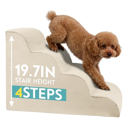 Dog Stairs for Small Dogs, Pet Stairs Steps Ramp for Puppy, Older Cat, Stairs with Whole High Density Foam, Corduroy Fabric, Non-Slip Bottom Dog Steps for Bed and Couch (Beige, 4-Step (H: 19.7IN)) - color: Beige, size: 4-Step (H: 19.7IN)
